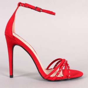 Qupid Shoes - Bright Red Studded Strappy Open Toe Heel Qupid Shoes - Bright Red Studded Strappy Open Toe Heel